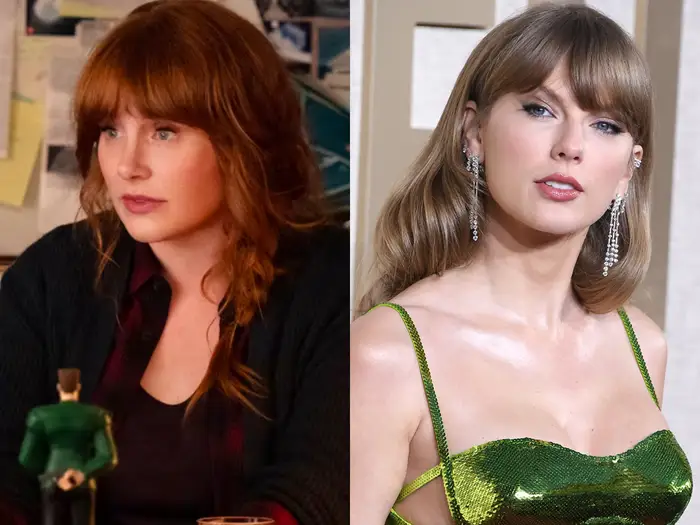 Bryce Dallas Howard (as Elly Conway in Matthew Vaughn's Argylle) and Taylor Swift side by side