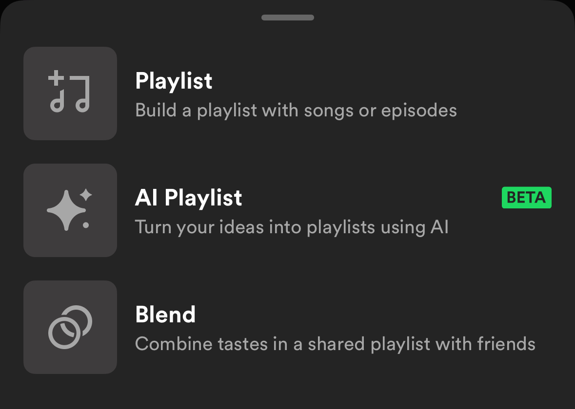 Spotify AI Playlist comes up as an option along with standard playlists and Blends