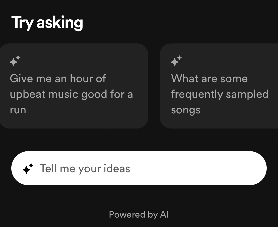 Spotify suggests AI prompts such as 'Give me an hour of upbeat music good for a run.'
